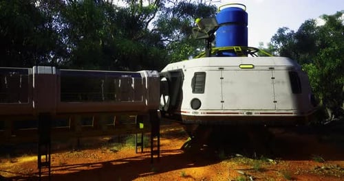 Futuristic Spacecraft Positioned in a Lush Green Setting Under Bright Sunlight