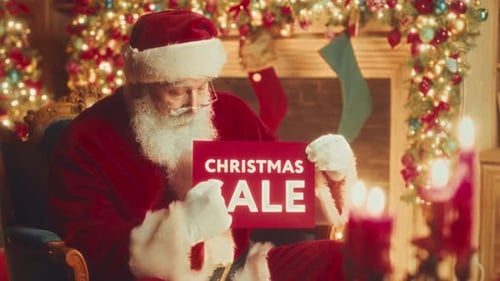 Santa Claus Sits With a Christmas Sale Sign