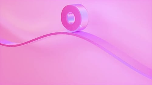Minimalistische Loop-Animation, rosafarbener, irisierender Zylinder, der auf einer gekrümmten Schiene rollt, geometrisch nahtlos