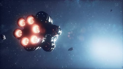 Futuristic Spacecraft Flying Through Asteroids with Glowing Engines
