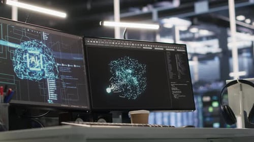Close Up of Server Farm PC Screens Tracking Rackmounts