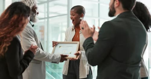 Celebration, clapping and group in office, award and joy for recognition in company