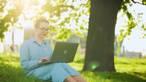 Busy Attractive Woman Working on the Laptop As Sitting on Grass in City Park