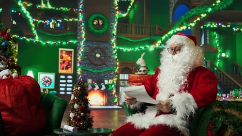 Man Dressed As Santa Claus Character Opening Letter Received From Kids
