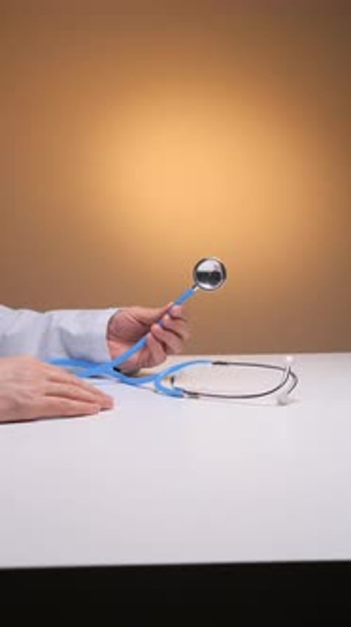 Vertical Video Doctor's Hands Holding a Blue Stethoscope Over a Desk Ready for a Clinic Consultation