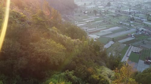Aerial video above the mountain village Tor Caldera rice fields. Indonesia