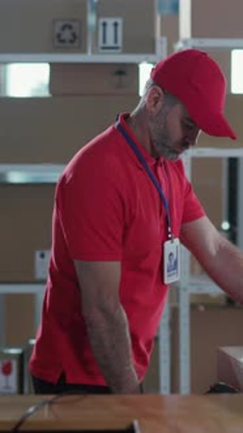 Couple of Millennial Caucasian Two Men in Red Uniform Carrying and Packing Cardboard Boxes for