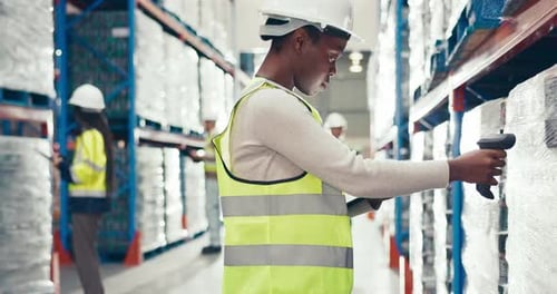 Barcode, scanner and worker in warehouse with logistics on tablet for supply chain