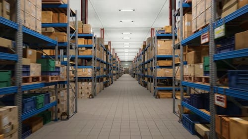 Industrial Warehouse Filled With Storage Boxes Labeled For Shipment