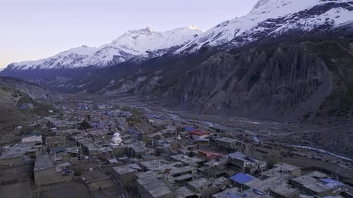 Flying over the village of Manang Nepal viewing landscape