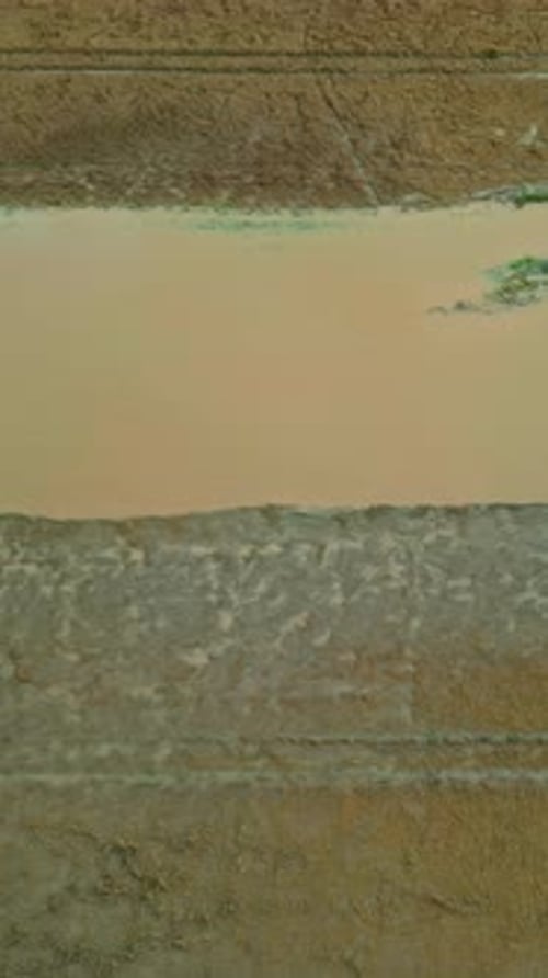 Aerial view of muddy dirt path with a small puddle reflecting greenery and textures