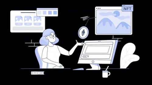 A woman working on digital art with NFT elements on screen.