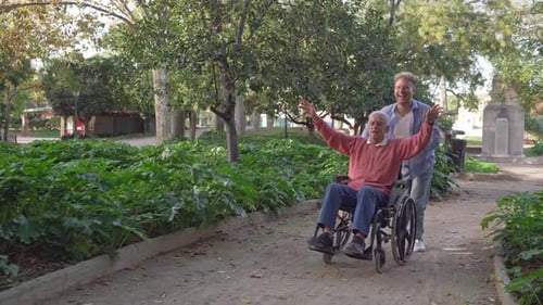 Grandson running and pushing joyful elderly man in wheelchair with arms up in a park