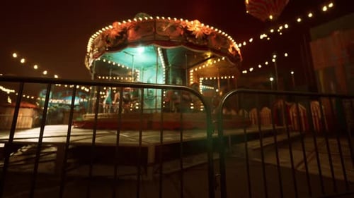 Nighttime Amusement Park with an Illuminated Carousel and Emptiness