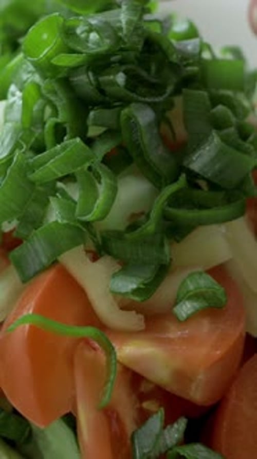 Sliced Tomatoes Cucumbers and Sweet Peppers Garnished with Fresh Green