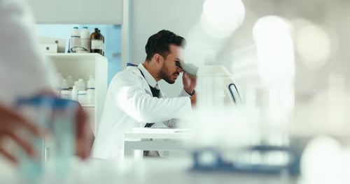 Man, scientist and tablet with microscope for forensic data, medical research or discovery at lab