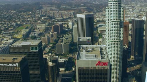 Walt disney concert hall gleaming in the Los Angeles summer sun aerial view