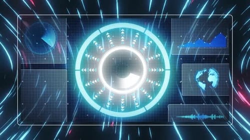 Animation of scope scanning and data processing on screens over light trails