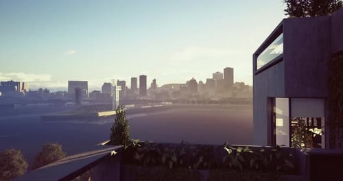 Modern City Skyline at Sunset Viewed From a Contemporary Balcony Space