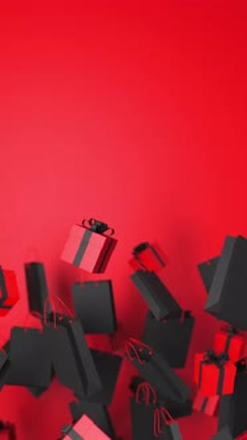 Dynamic Red Background with Falling Black Shopping Bags and Gift Boxes