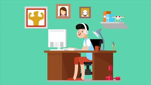 Flat Design Animation of a Person Working at a Computer Desk