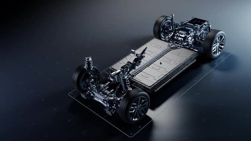 Futuristic Electric Vehicle Chassis 3D Animation with Blueprint Overlay