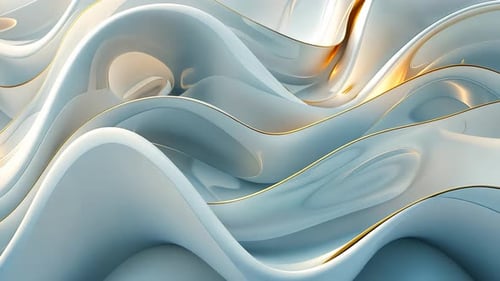 Abstrakte Wellenformen in Hellblau und Gold. Dynamische Kurven erzeugen ein Gefühl von Bewegung und Fluidität