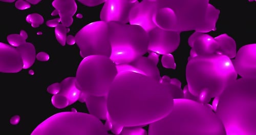 Fond abstrait avec des bulles de liquide volantes violettes brillantes, des cercles magiques et des boules.