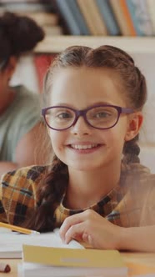 Portrait of Happy Little Girl at Desk in School Classroom