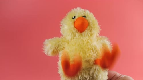 Waving Plush Chick Puppet Against Pink Background
