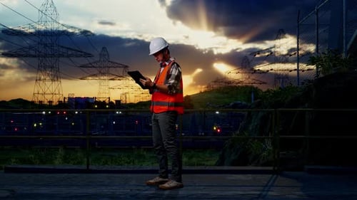 Ganzkörper-Seitenansicht eines wütenden asiatischen männlichen Ingenieurs, der jemanden in der Nähe des Hochspannungsmasts anschreit
