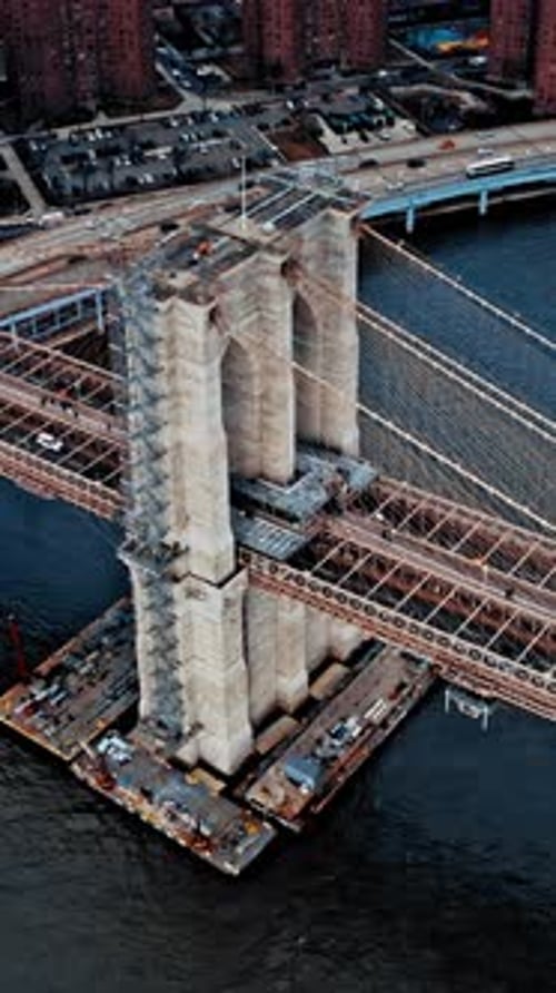 Brooklyn Bridge construction viewed from a vertical aerial perspective
