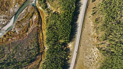 The road in the mountain valley. Traveling by car. Banff National Park, Canada