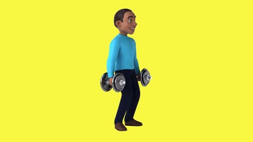 Lustiger 3D-Cartoon-Mann beim Gewichtheben (inklusive Alphakanal)