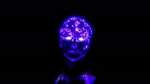 Gefährliche künstliche Intelligenz, abstrakter römischer Statuenkopf und lila und blaue Gehirnanimation