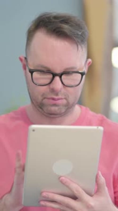 Man Using a Tablet Indoors in Portrait Orientation