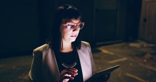 Tablet, walking and business woman in city at night for social media, website