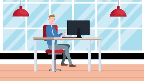 Office Desk Working Businessman Work Computer Animation