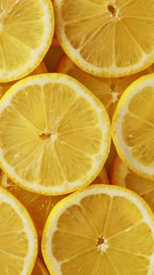 Lemon Slices Closeup Fruits Background Top View Rotating Vertical Footage