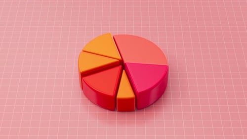 Gráfico circular giratorio rojo en 3D con información de segmentos coloridos, visualización financiera gráfica en 3D