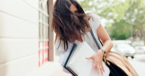 Document, fail and business woman in the city with multitasking and fall on the street