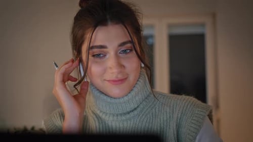 Friendly Teacher Computer Videocall at Dark Home Closeup Woman Studying Online
