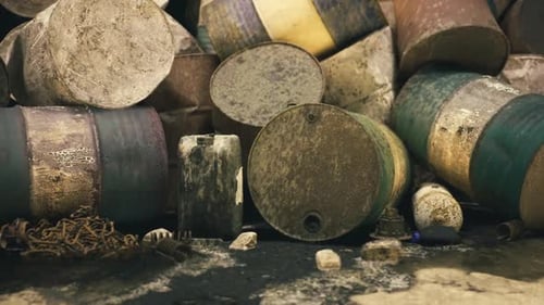 Decaying Barrels Covered in Oil Slick and Toxic Residues Along Shoreline