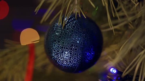 Blue Christmas Ornament Hanging on Tree Branch