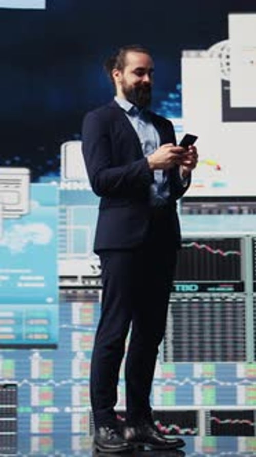 Confident Man Using Phone with Data Backdrop