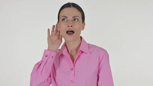 Portrait of Business Woman Trying to Listen on white Background