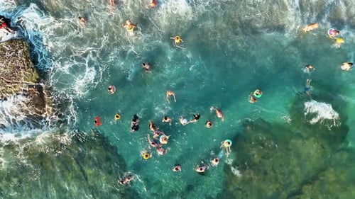 People Swim in the Azure Sea Aerial View 4 K Turkey Alanya