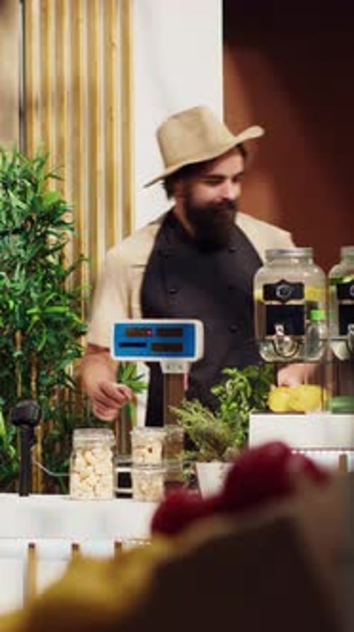 Vertical Video Client at Bio Shop Checkout Counter