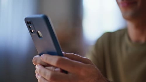 Manager Hands Texting Sms Cellphone Office Closeup Happy Man Reading Message