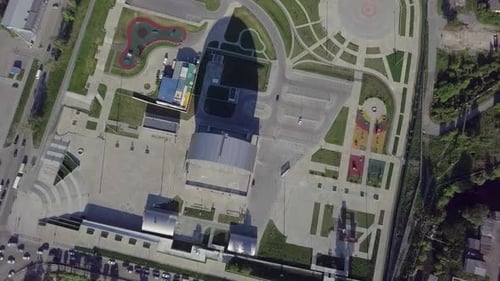 A Stunning Aerial View Showcasing a Modern Landscape Park with Unique Architectural Features Stock